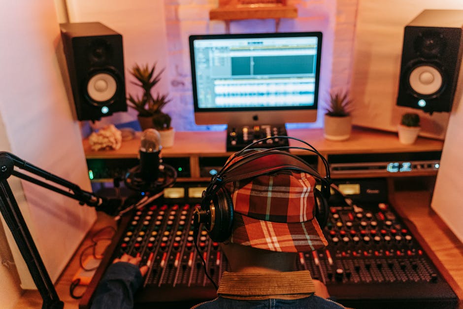 Audio professional adjusting sound levels on mixer in modern recording studio.